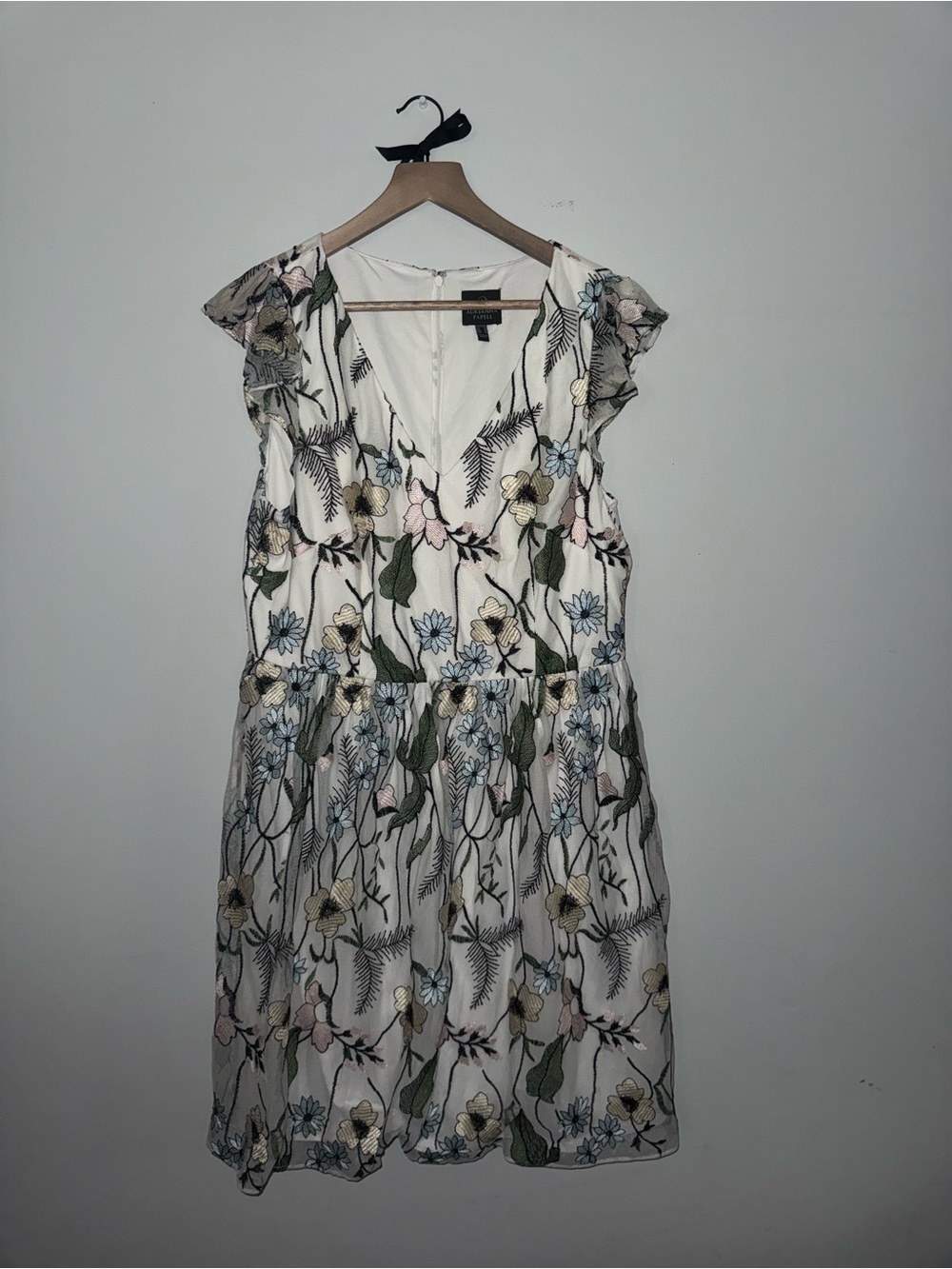 Adrianna Papell Embroidered Floral V-Neck Dress in Ivory with Pastel Accents